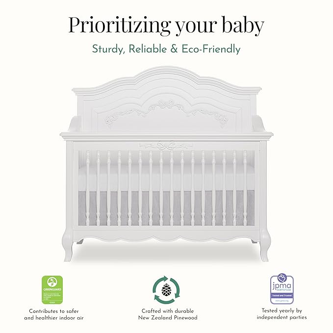 évolur Aurora 5-in-1 Convertible Full-Size Baby Crib in Frost White, GreenGuard Gold & JPMA, 3 Levels, Ribbon Bow Scrollwork & Queen Anne Feet, Converts to Toddler, Day & Full-Size Bed (Rails to Buy)