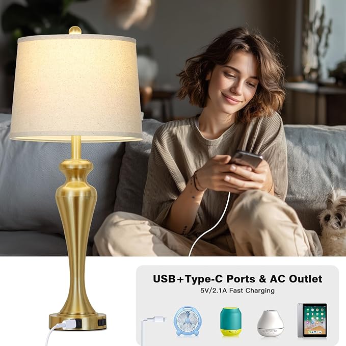 luxeflow 30" Gold Tall Table Lamps for Living Room, Touch Control Bedroom Lamp with USB A+C Ports and AC Outlet, 3-Way Dimmable Bedside Table Lamps Set of 2, Modern Metal Lamp for Nightstand