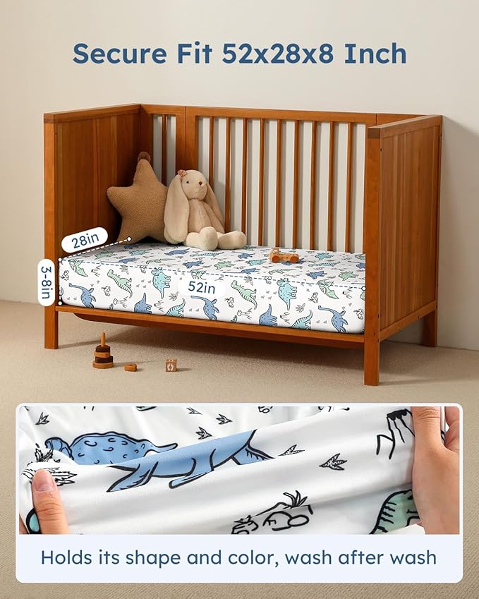 Baby Crib Sheets for Boys Girls, 28x52x8in Fitted Crib Sheet Neutral 3 Pack for Standard Crib and Toddler Mattress, Breathable Soft Microfiber Baby Sheet Green & Blue Dinosaur