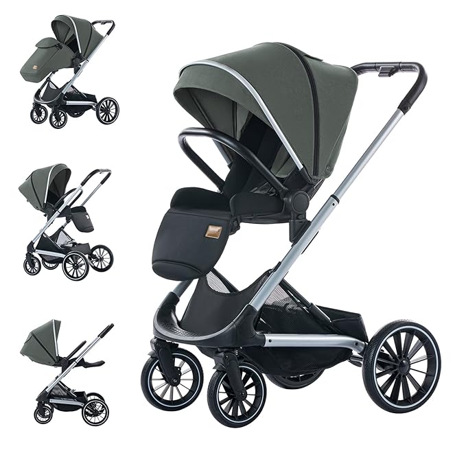 Wagon Pram, Convertible Stroller with Reversible Seat, Foldable Newborn Stroller with Lying Mode, Oversized Wheels Luxury Baby Carriage Suit Toddler Infant,Gray (Green)
