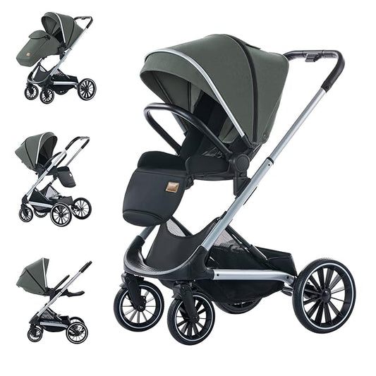 Wagon Pram, Convertible Stroller with Reversible Seat, Foldable Newborn Stroller with Lying Mode, Oversized Wheels Luxury Baby Carriage Suit Toddler Infant,Gray (Green)