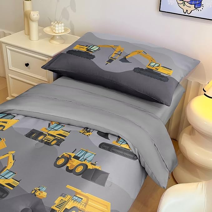 4 Piece Toddler Bedding Set for Boys,Cars Construction Toddler Bed Comforter Set Includes Comforter,Flat Sheet,Fitted Sheet and Pillowcase,Christan Trucks Tractors Bed in A Bag for Kids Bedroom