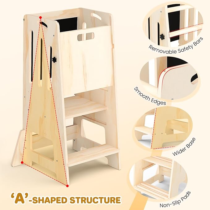 Worldmx Kids Kitchen Stool Helper, Adjustable Height Toddler Kitchen Step Stool, Learning Standing Tower with Blackboard, 1-3 Years Old Boys Girls Gift