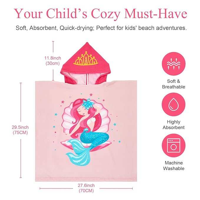 PINNKKU PINNKU Mermaid Beach Towel with Hood for 2-10 Years, Soft Absorbent Hooded Bath Towel for Boys Girls, Toddler Pool Swim Towel with Hood