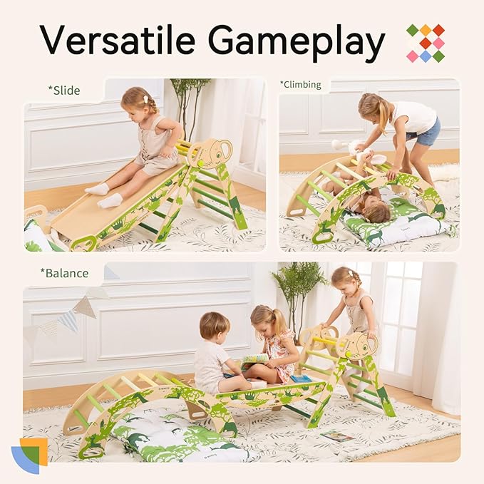 wingyz 8-in-1 Pikler Triangle Set with Cushion-Foldable Baby Climbing Toys with Arch, Ramp & Ladder | Montessori Toddler Climber Indoor Jungle Gym for 1-3 Year Olds (Green)