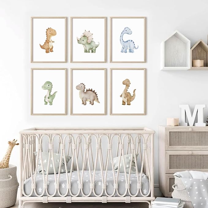 Dinosaur Nursery Wall Art Kids Canvas Poster Boys Room Wall Decor Watercolor Dino Wall Art Toddler Baby Pictures Dinosaur Prints Nursery Artwork for Boys Room Bedroom 12x16x6 Inch Wood Framed