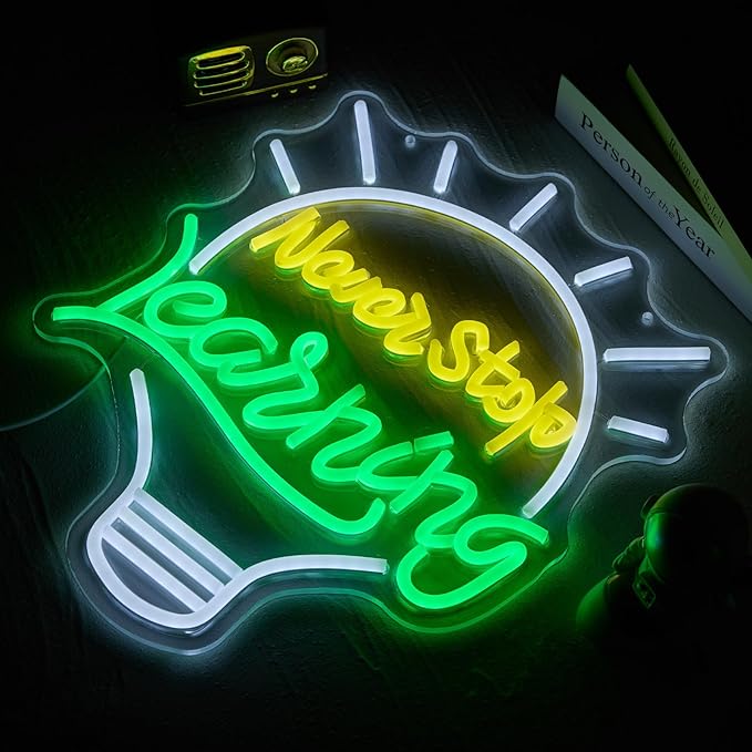 LYUODRE Never Stop Learning Neon Sign Letter neon signs for Wall Decor 5V USB Powered & Dimmable Student LED Neon Lights for Classroom, Study, Office Decoration(15x13in)(Yellow, Green, Cool White)