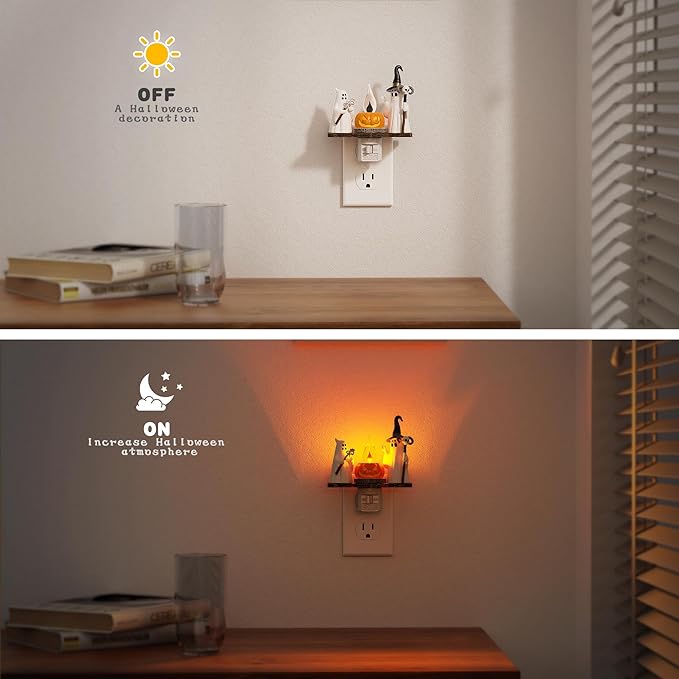 Halloween Night Light,Amber Night Lights Plug into Wall,Cute & Funny Flaming Jumping Night Light,Ghost & Pumpkin Plug in Nightlight with 360° Rotatable for Kids Halloween Party Decor,2 Pack