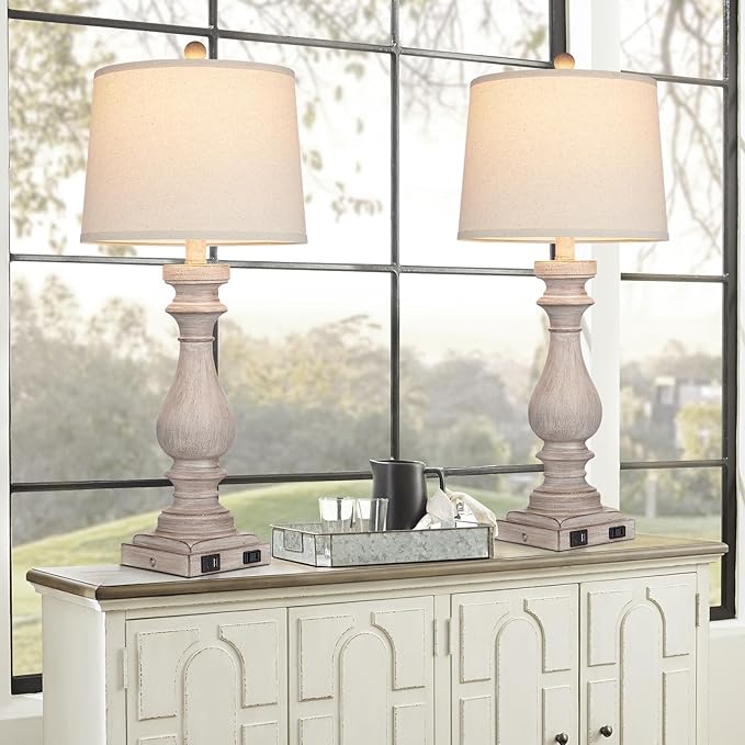 Cinkeda 29" Tall Table Lamp for Living Room Set of 2,Vintage Bedside Nightstand Lamps with USB C+A Ports & AC Outlet,3-Way Dimmable Touch Control Desk Lamp for Bedroom,Color 2