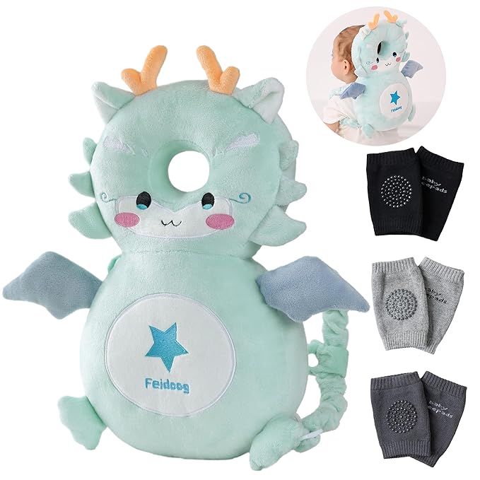 Feidoog Baby Head Protector Cushion Backpack with 3 Knee Pads for Walking & Crawling,Blue Dragon