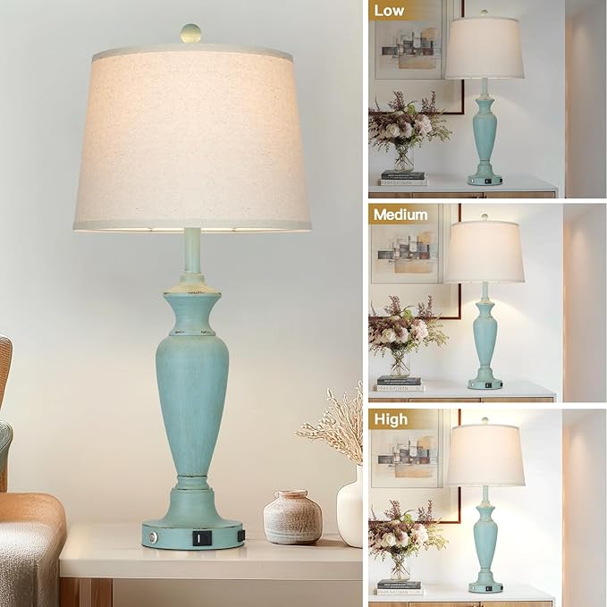 Cinyirong 30" Tall Metal Table Lamps Set of 2, Touch Control Bedside Lamps for Bedroom Nightstand, 3-Way Dimmable Farmhouse Lamp for Living Room with Charging Ports, Retro Blue (2 LED Bulbs Included)