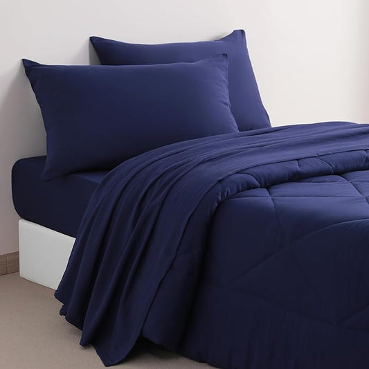 FLXXIE 5 Pieces Toddler Bedding Set, Soft and Breathable Microfiber Crib Sheet Set, Includes Quilted Comforter, Flat Top Sheet, Fitted Sheet, Envelope Pillow Case for Boys and Girls, Navy Blue