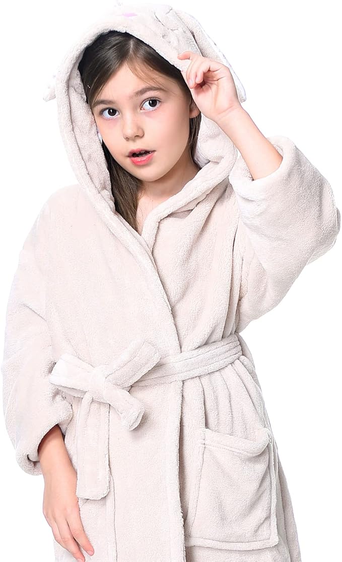 Hooded Herringbone Girl's Fleece Soft Spa Kimono Long Robe,Kids Comfy Sleepwear Bathrobe