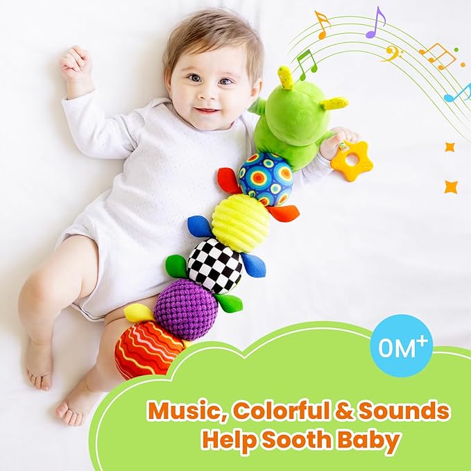 Baby Toys 0-6 Months, Washable Baby Musical Caterpillar Toys with 10 Kid's Songs,Rattles,BabyTeething Toys,Suitable for 0-6, 6-12 Months Infant Tummy Time Toy,Newborn Baby Boy&Gril Gifts (Green)