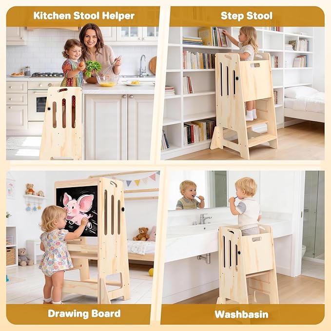 Worldmx Kids Kitchen Stool Helper, Adjustable Height Toddler Kitchen Step Stool, Learning Standing Tower with Blackboard, 1-3 Years Old Boys Girls Gift