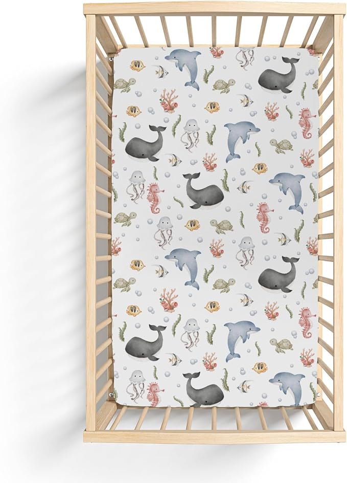 Watercolor Sea Animals Baby Crib Sheets for Boy Girl 28"x52" Whale Dolphin Turtle Jellyfish Coral Soft Snug Fitted Crib Mattress Cover Ocean Marine Baby Sheet for Standard Crib & Toddler Bed Mattress