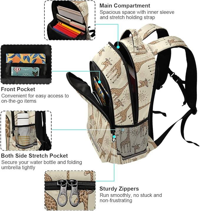 MNSRUU School Backpack with Chest Strap, Animal Cute Giraffe Laptop Backpack, Travel Hiking Backpack for Boys Girls, Rucksack, Knapsack One Size