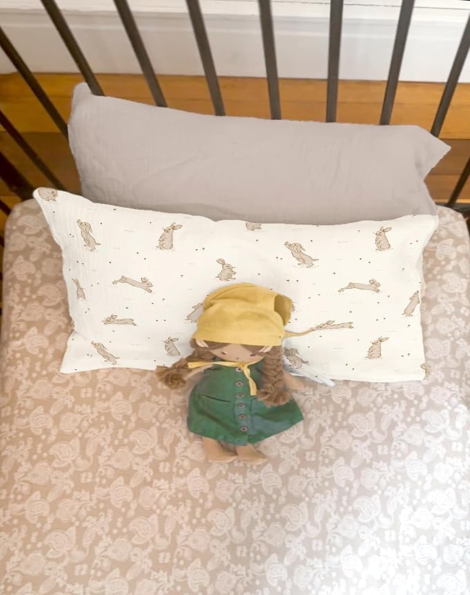 Toddler Pillowcases for 13"x18" Pillow 2 Pack, Muslin Small Toddler Baby Kids Travel Pillow Covers for Boys Girls with Envelope Closure (Rabbit B & Beige, 14 x 20 Inch)