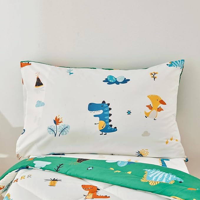 beeweed 4 Pieces Dinosaur Toddler Bedding Set Boys Girls, 2 Sides Design Bed in a Bag Comforter Set, Includes 1 Comforter, 1 Fitted Sheet, 1 Flat Sheet and 1 Reversible Pillowcase