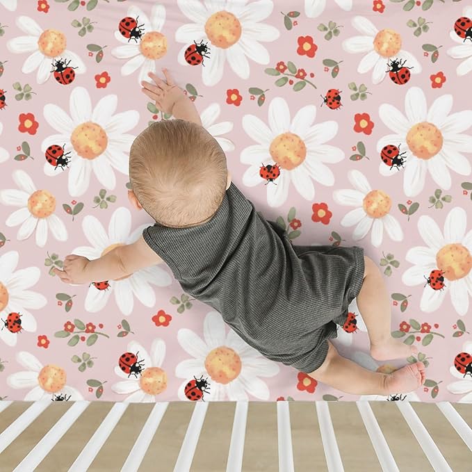 Spring Daisy Floral Baby Crib Sheets for Boy Girl 52x28Inch Boho Wildflower Leaves Soft Stretchy Fitted Crib Mattress Covers Greenery Nursery Baby Sheet for Crib and Toddler Bed Mattresses