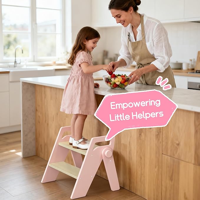 HOMEKOL Toddler Kids Step Stool: Wooden 2 Step Stool for Bathroom Sink, Foldable, Pink