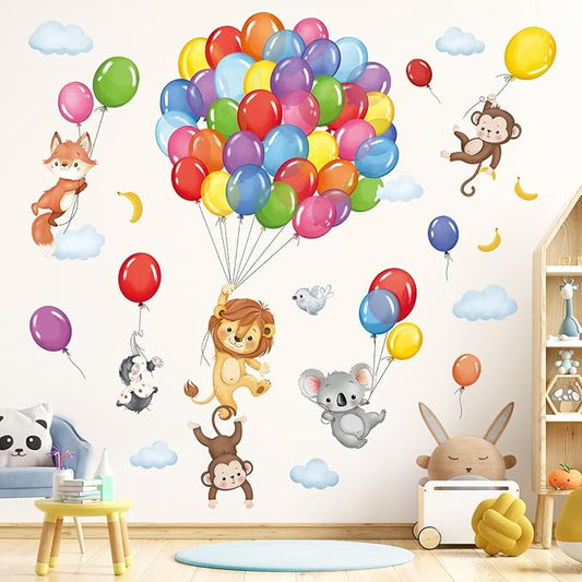 decalmile Forest Animals Balloon Wall Decals Monkey Lion Koala Wall Stickers Baby Nursery Kids Bedroom Playroom Wall Decor