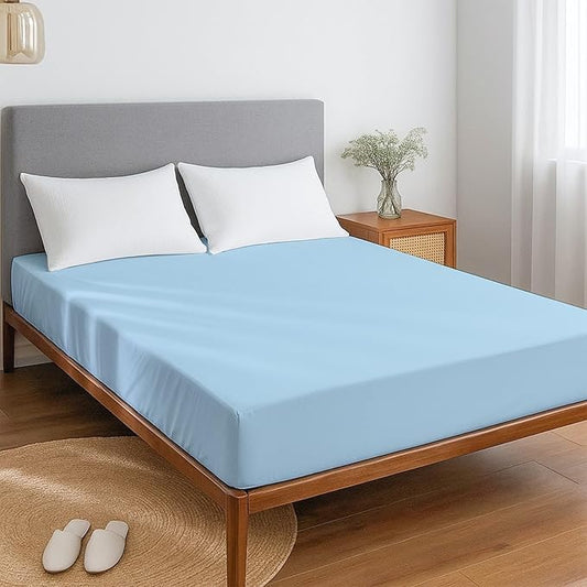 Queen Mattress Protector Fitted Sheet Style - Waterproof Vinyl Mattress Cover, Breathable, Bed Wetting & Spill Protection, Fits Mattresses up to 11.5" Deep (Light Blue)