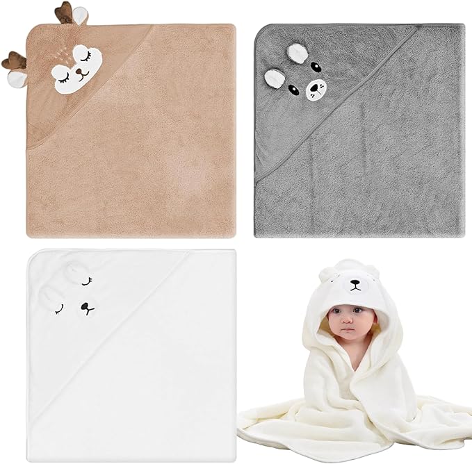 Baby Bath & Hooded Towels, 3pcs 31x31inch Cartoon Soft Hooded Bath Towels for Babies, Absorbent Baby Towel with Hood for Shower, Beach and Swimming