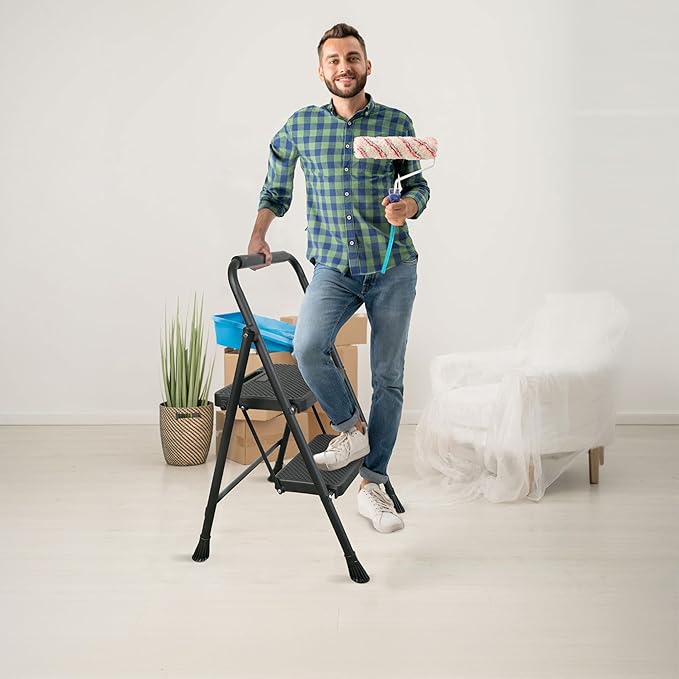 2 Step Ladder, Portable Steel Folding Stool with Wide Anti-Slip Pedal, 500lbs Sturdy Steel Ladder, Black