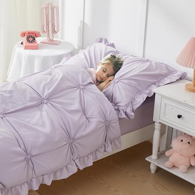 Wowelife Princess Toddler Bedding Set for Girls, Boho Toddler Tufted Bed Set, 4 Pieces Ruffles Jacquard Embroidery Toddler Girl Comforter with Comforter, Fitted Sheet, Flat Sheet and Pillowcase