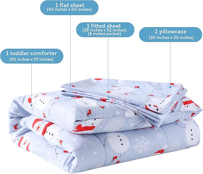JSD Blue Snowman Toddler Bedding Set, 4 Piece Christmas Winter Toddler Microfiber Comforter Sheet Set, Lightweight Breathable