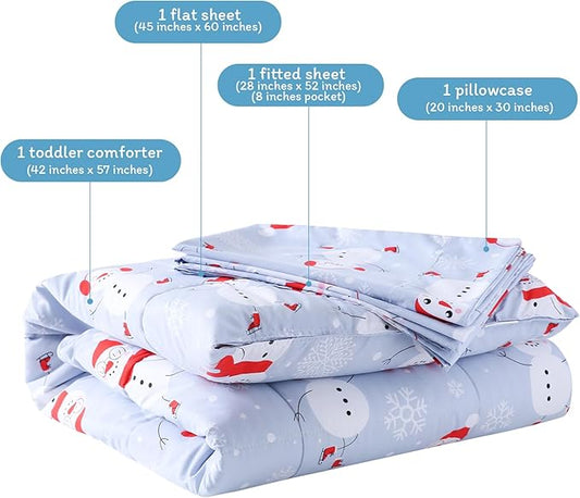 JSD Blue Snowman Toddler Bedding Set, 4 Piece Christmas Winter Toddler Microfiber Comforter Sheet Set, Lightweight Breathable