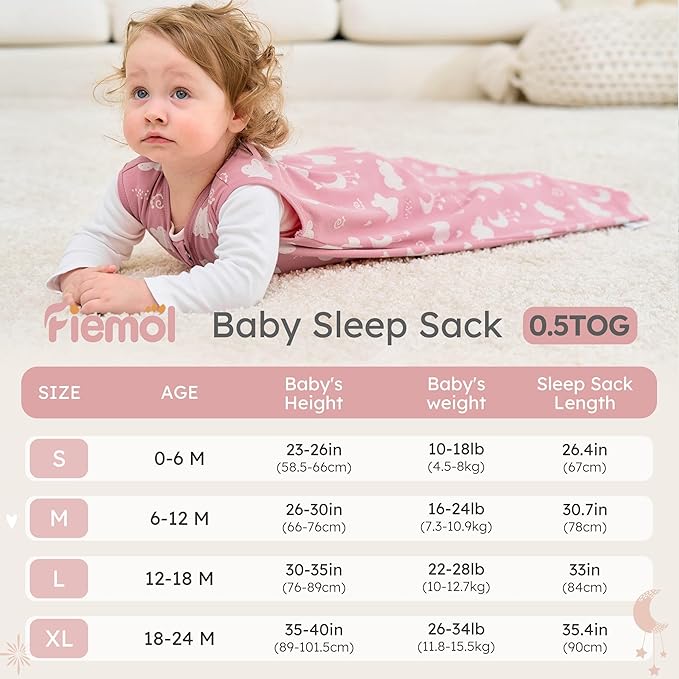 Baby Sleep Sack 6-12 months, 100% Cotton Sleeping Sack for Newborn and Infant, 3 Pack Baby Wearable Blanket, 0.5 Tog Lightweight Double Zipper Sleep Bag Medium Pink Stars Moon