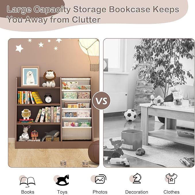 HedoAjim Kids Bookshelf Toy Storage Organizer 4-Tier Wood Book Rack Toddler Bookcase Baby Book Toy Display Shelf 5 Sling Bookshelf for Playroom Bedroom Nursery Classroom Church Espresso
