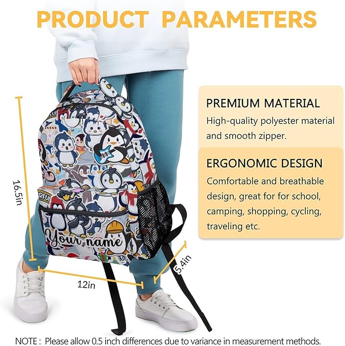 COOPASIA Personalized Cute Penguin Backpack, 16 Inch Animal Theme Bookbag with Adjustable Straps, Durable, Lightweight, Large Capacity, School Backpack for Kids Girls Boys