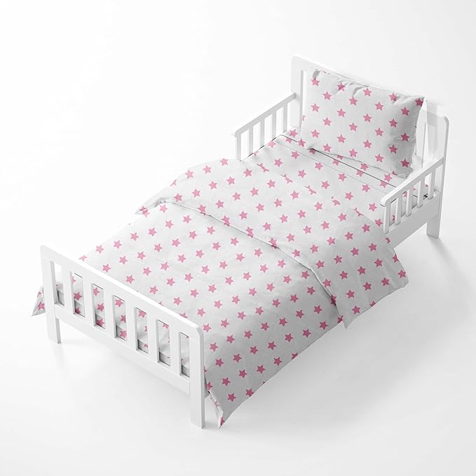 Bacati - Muslin Ikat Stars 4 Piece Girls Toddler Bedding Set 100 Percent Cotton Includes Reversible Comforter, Fitted Sheet, Top Sheet, and Pillow Case (4 pc Toddler Bedding Set, Pink Stars)