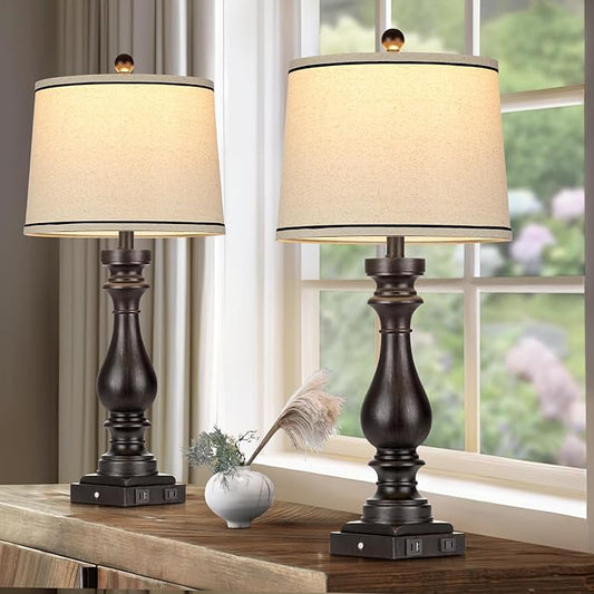 Cinkeda 29" Tall Table Lamp for Living Room Set of 2,Farmhouse Vintage Bedside Nightstand Lamps with USB C+A Ports & AC Outlet,3-Way Dimmable Touch Control Retro Black Lamp for Bedroom,Color 5