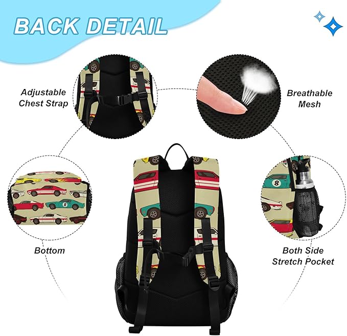 Jucciaco Vintage Car Racecar Backpack with Lunch Bag, School Backpack for Teens Boys Girls Kids Backpacks Set