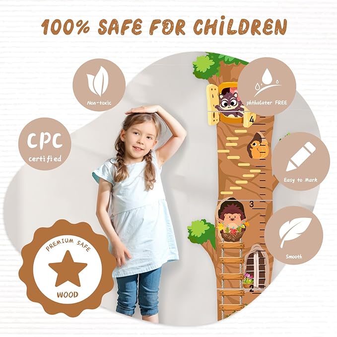 Woodemon Personalized Wooden Growth Chart, Tree House Animals Height Chart for Kids Room, Wood Kids Measuring Chart, Nursery Growth Chart Ruler Measuring Board for Boys Girls