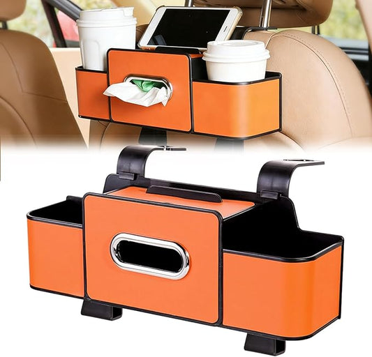 Car Organizer With Tissue Holder, Car Organizer & Storage Box, 5-in-1 Car Organizer Back of Seat, 2 Deep Cup Holders, Tissue Box Holder, Phone & Bag Hooks Zoning Storage (Orange-A)