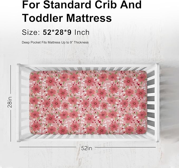 Love Blooms Fitted Baby Crib Sheets for Boy Girl 52"x28" Red Heart Blossoms Soft Breathable Stretchy Crib Mattress Covers Spring Floral Baby Sheets for Standard Crib and Toddler Bed Mattresses