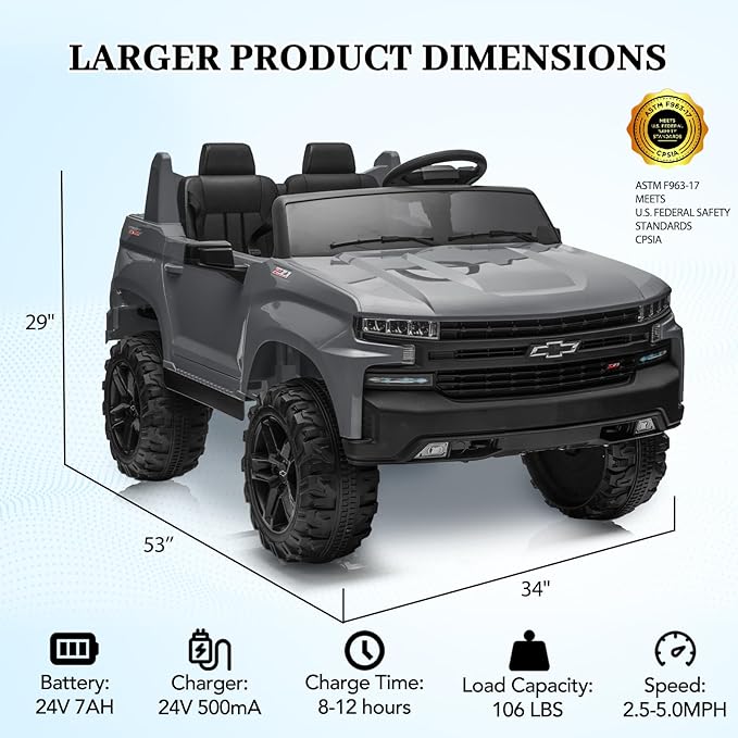 GarveeLife 24V 2-Seater Truck Licensed Chevrolet Silverado Ride On Car Kids Toy, Electric Vehicle Car for Toddlers with Parent Remote Control, Gray