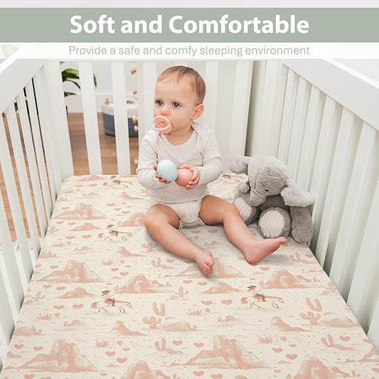 Vintage Pink Cowgirl Cactus Baby Crib Sheets for Boy Girl 52"x28" Western Cowgirl Love Soft Stretchy Fitted Crib Mattress Cover Wild Desert Baby Sheet for Standard Crib & Toddler Mattress Pad