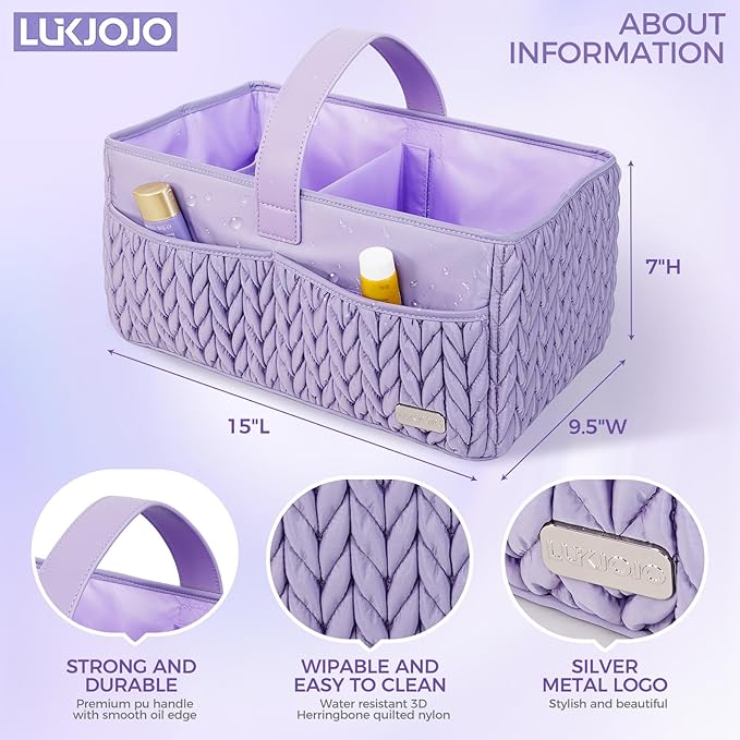 LUKJOJO Luxurious Baby Diaper Caddy, Nursery Storage Basket for Newborn Boy and Girl, Travel Baby Basket for Diapers Baby Wipes, Organizer Tote Bag Storage Bin, Baby Shower Gifts (purple)
