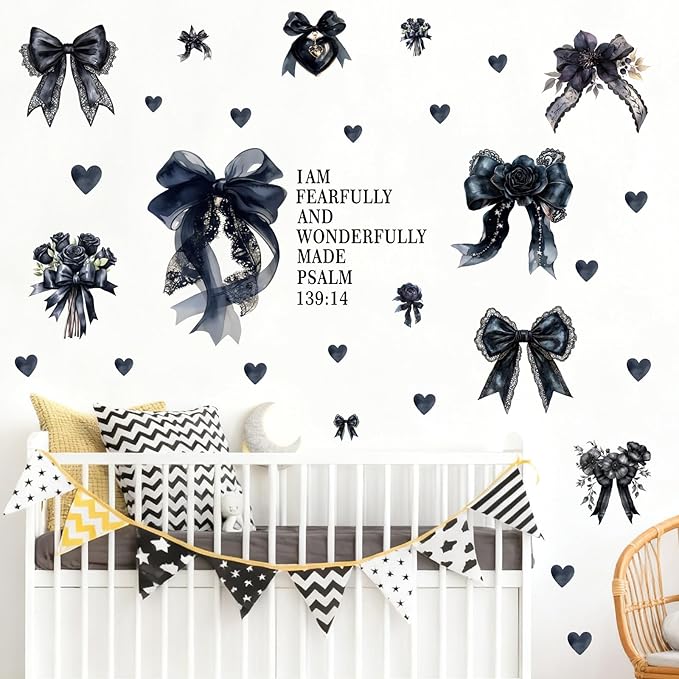 Black Bow Wall Stickers Watercolor Inspirational Bowtie Art Decor for Girls Bedroom Bows Bridal Shower Party Decals for Backdrop Peel and Stick Coquette Bible Art Vinyl Decal for Kids Baby Bedroom