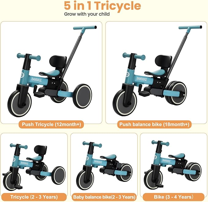 BoBike 5-in-1 Tricycle for Toddlers 18 Months to 5 Years, Kids Bike with Upgraded Pedals, Parent Push Handle, Balance Bike & Easy Assembly for Boys Girls (Sky Blue)