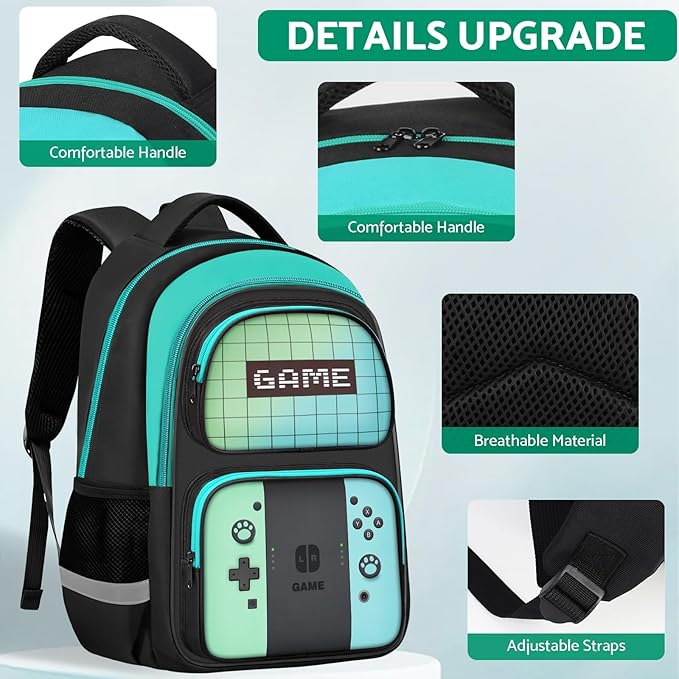 JIRAIKEI Kids Backpack For Boys，Gamer Boys Backpack For Children Teens Elementary Middle School, 17″ Students Bookbag