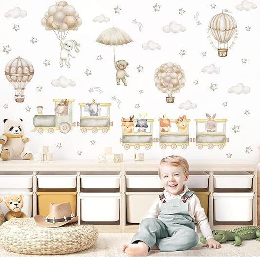Large Train Animal Wall Decals Cartoon Balloon Animal Wall Stickers Watercolor Cloud Hot Air Balloon Wall Decals Peel and Stick Cute Animal Train Wall Stickers for Kid Room Baby Nursery Decor