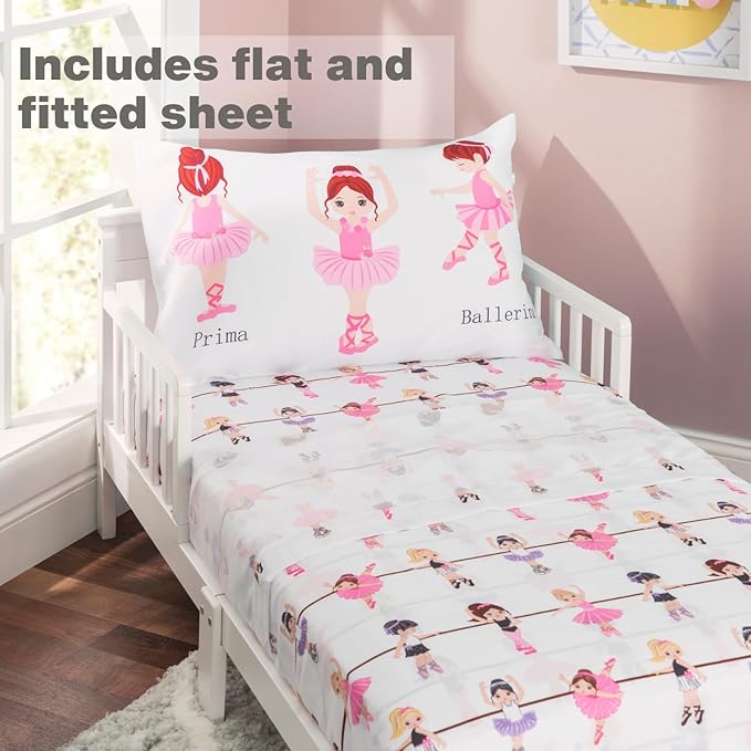 EVERYDAY KIDS 4 Piece Toddler Bedding Set -Born to Dance Ballerina- Includes Comforter, Flat Sheet, Fitted Sheet and Reversible Pillowcase