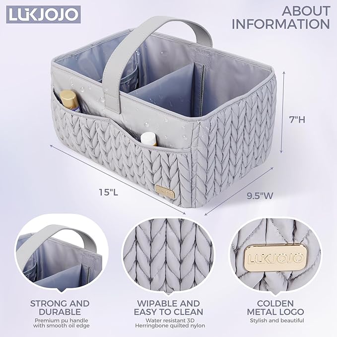 LUKJOJO Luxurious Baby Diaper Caddy, Nursery Storage Basket for Newborn Boy and Girl, Travel Baby Basket for Diapers Baby Wipes, Organizer Tote Bag Storage Bin, Baby Shower Gifts (light gray)